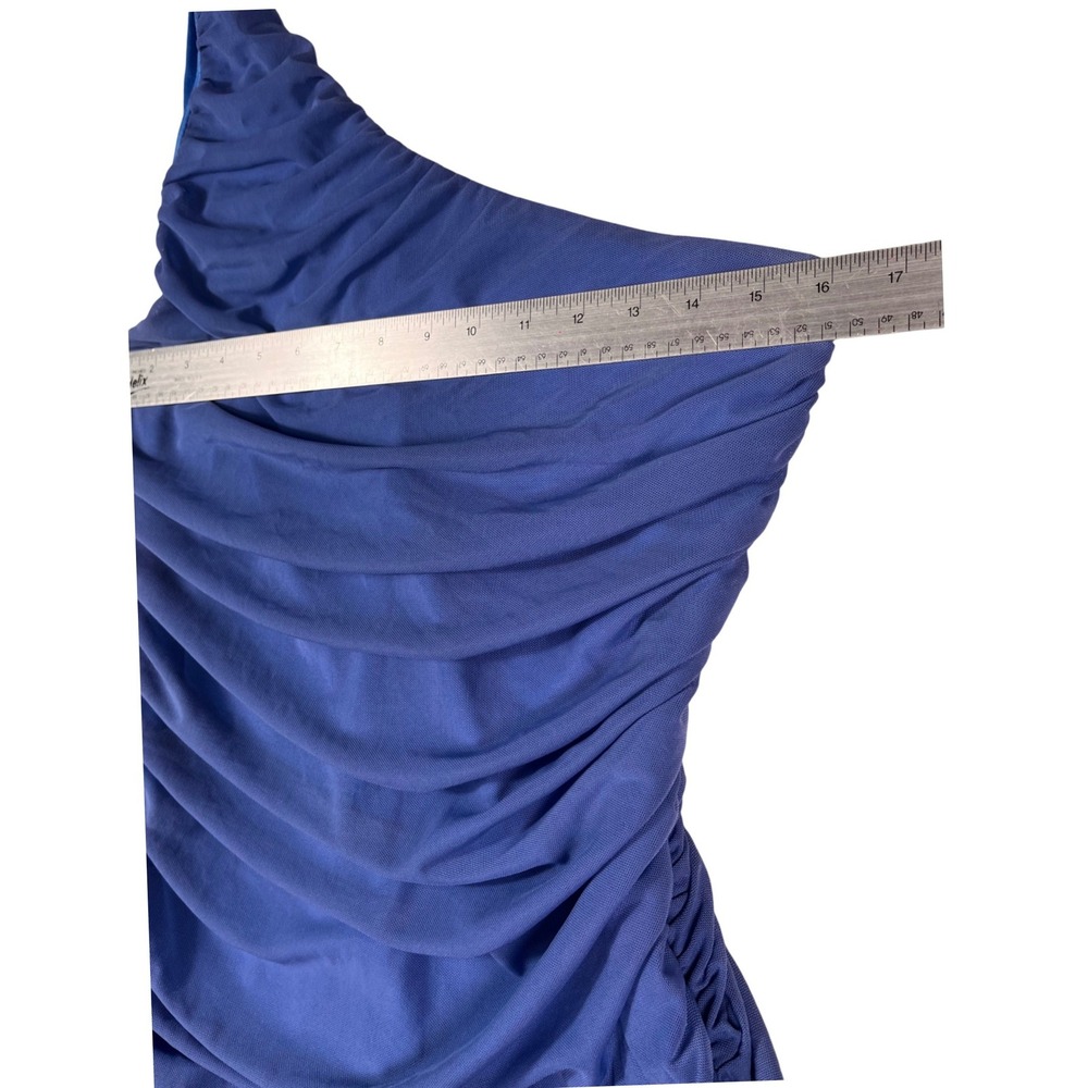 ZESICA Blue One Shoulder Ruched Mesh‎ Midi Dress Bodycon Cocktail L - Picture 8 of 15